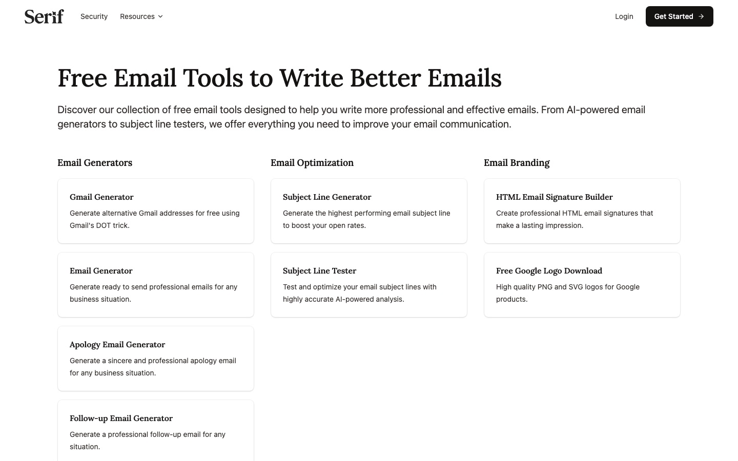 Pagina degli strumenti gratuiti per le email di Serif