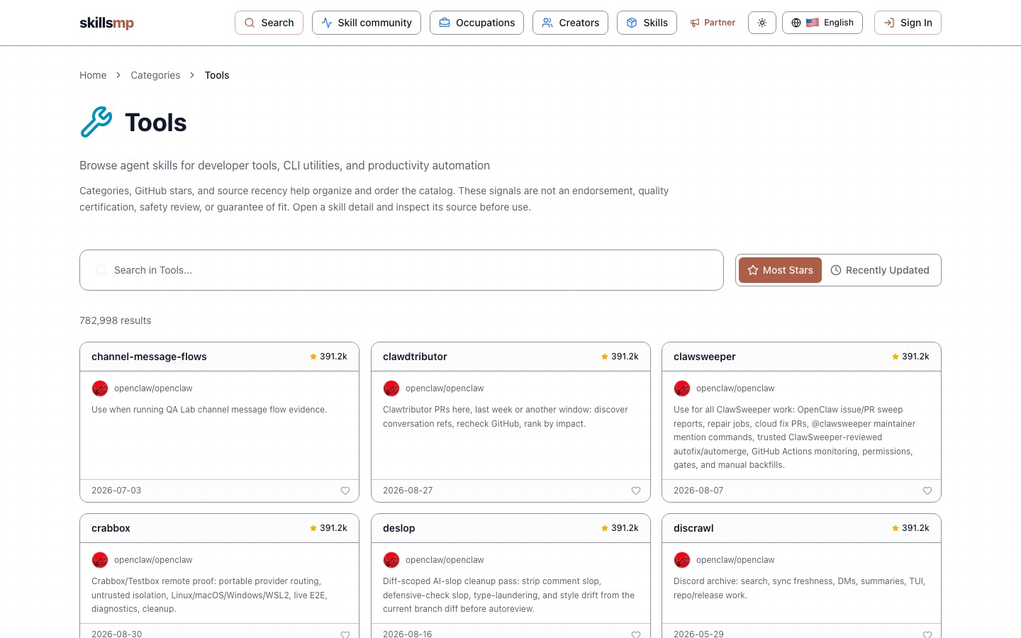 Page de la catégorie Outils de SkillsMP