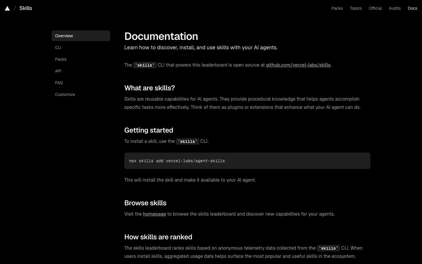 Pagina della documentazione di skills.sh