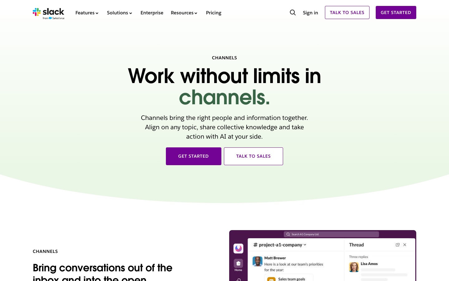 Página de canales de Slack