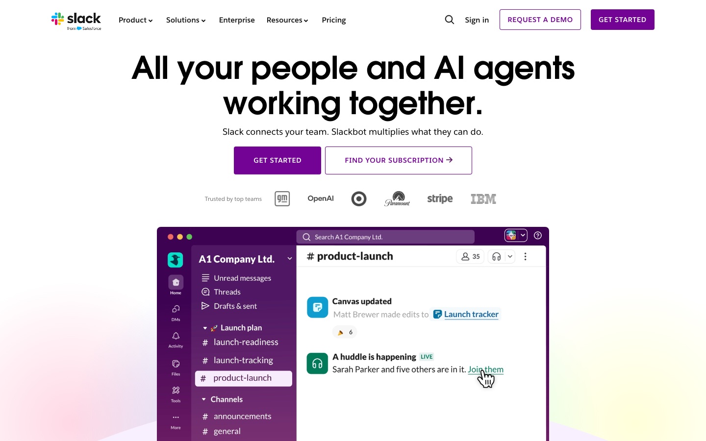 Página de inicio del sitio web de Slack