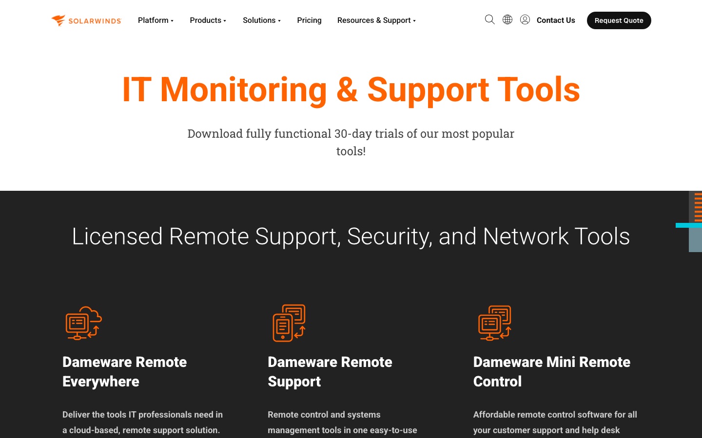 SolarWinds it monitoring and support tools page