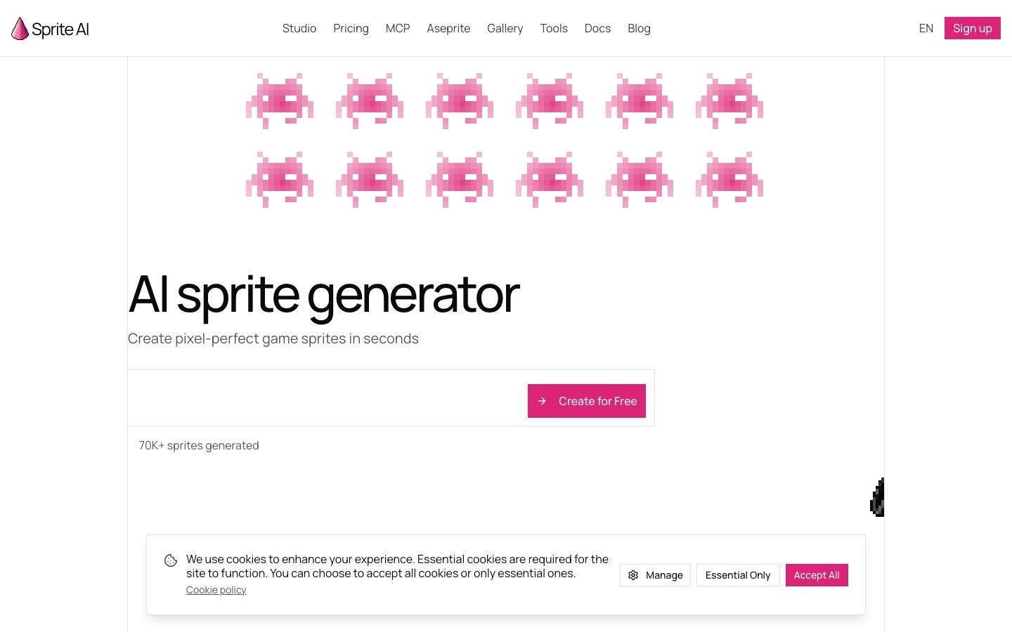 Sprite AI web sitesinin ana sayfası