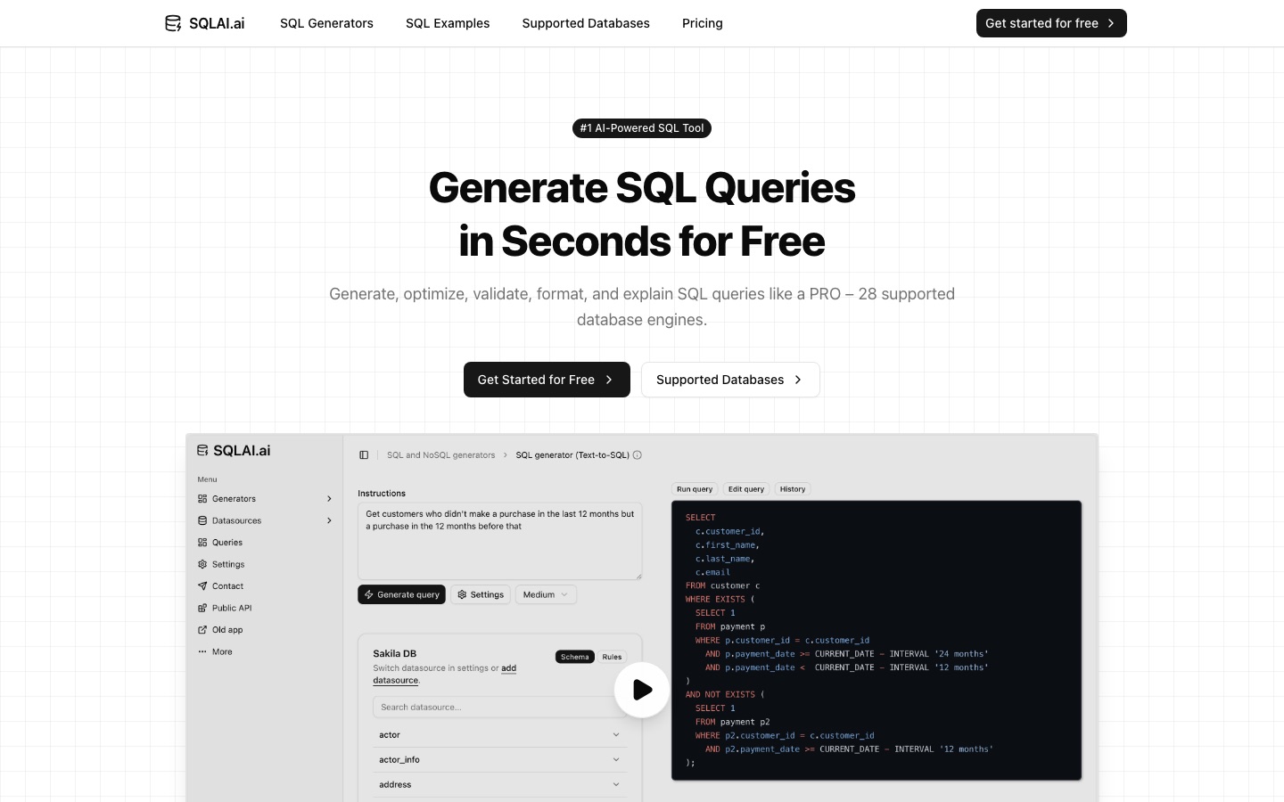 Página de inicio del sitio web de SQLAI.ai