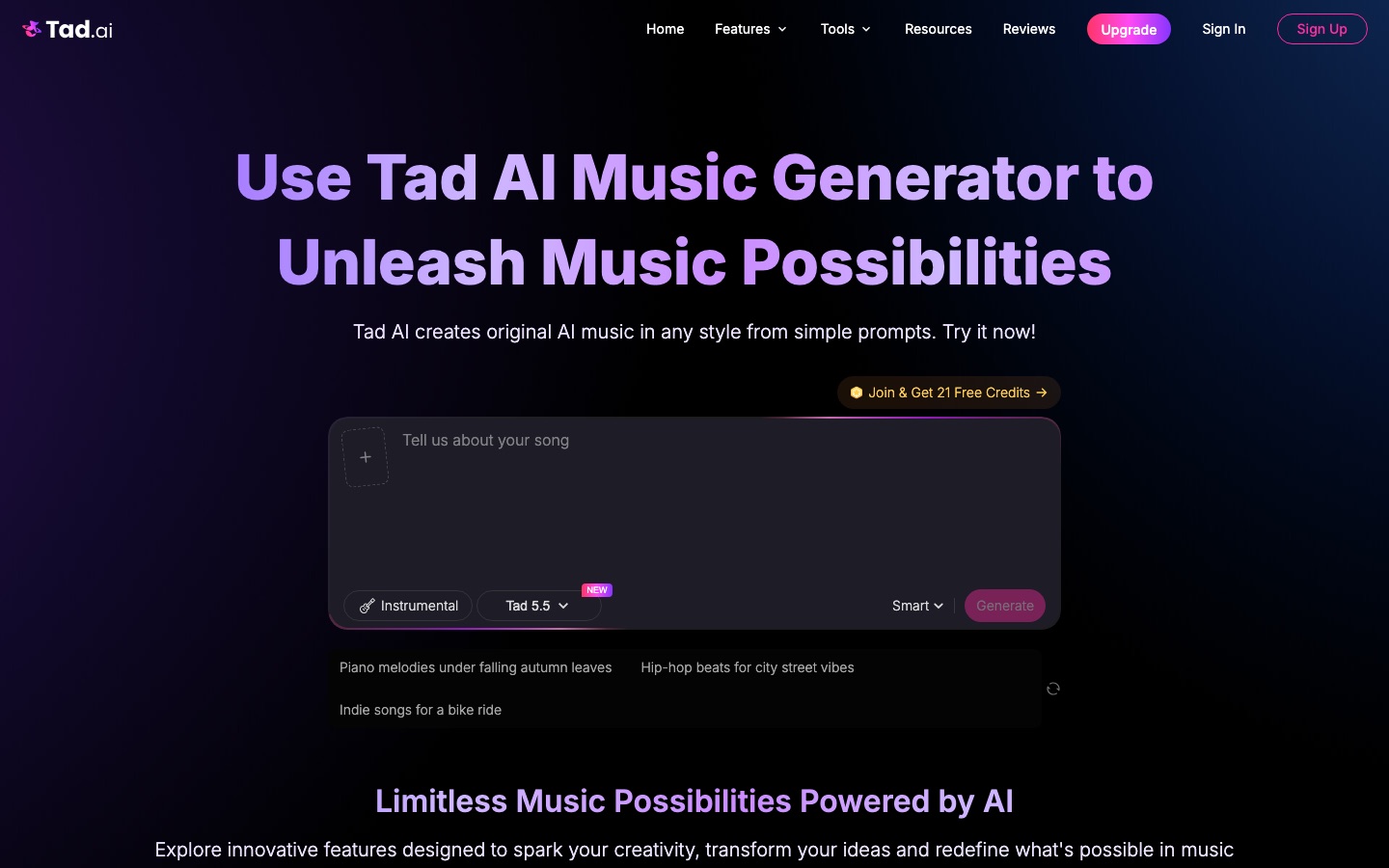 Page d’accueil du site de Tad AI
