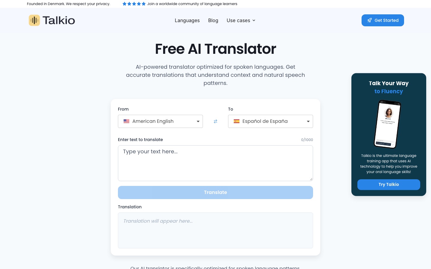 Pagina van Talkio AI met de AI-vertaler