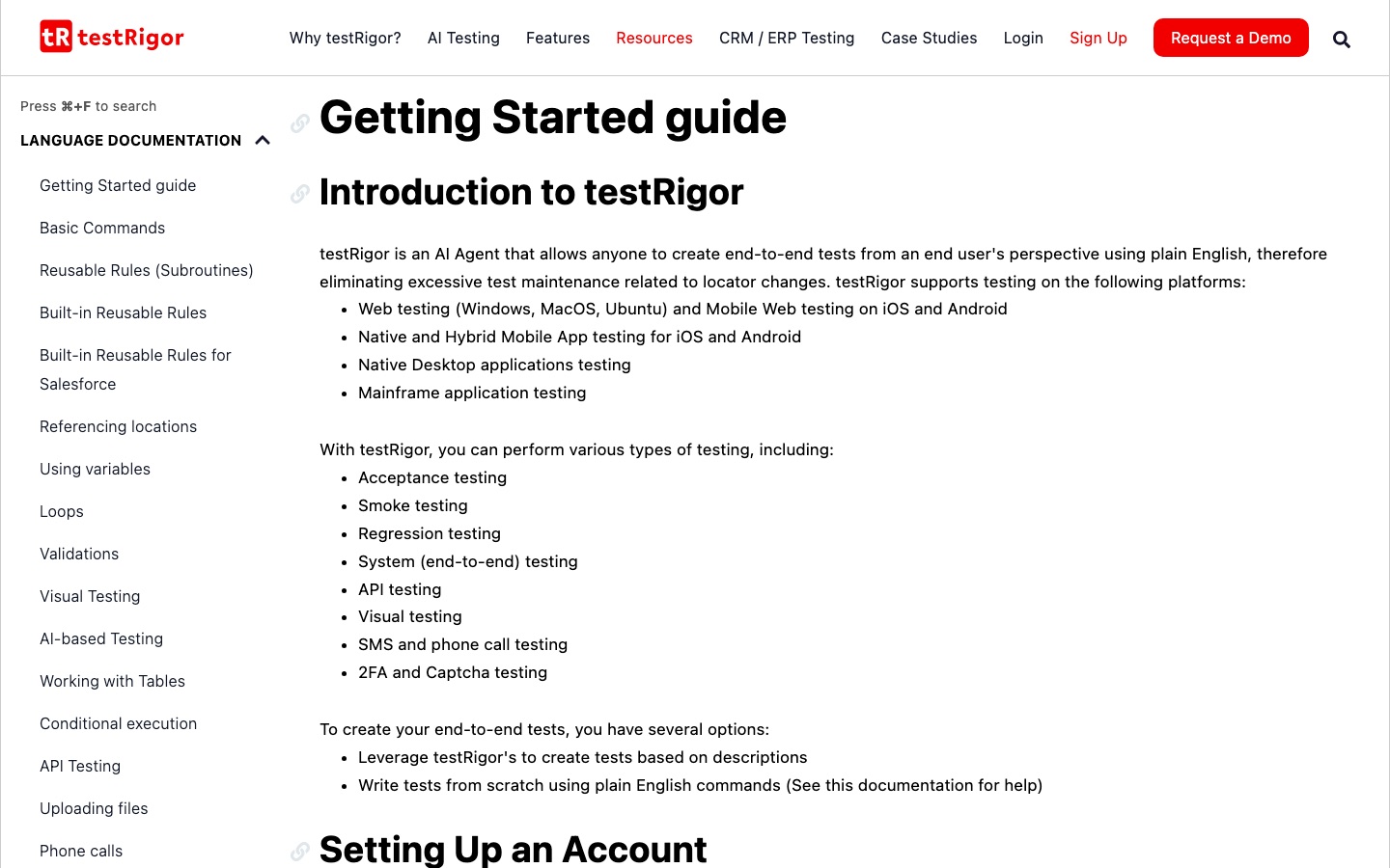 testRigor documentation page