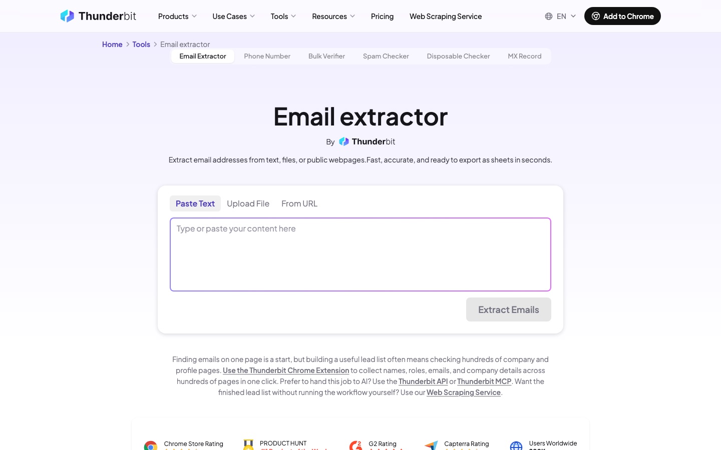 Pagina dell’estrattore di e-mail di Thunderbit