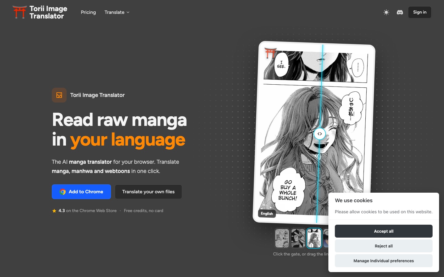 Homepage van de website van Torii Image Translator