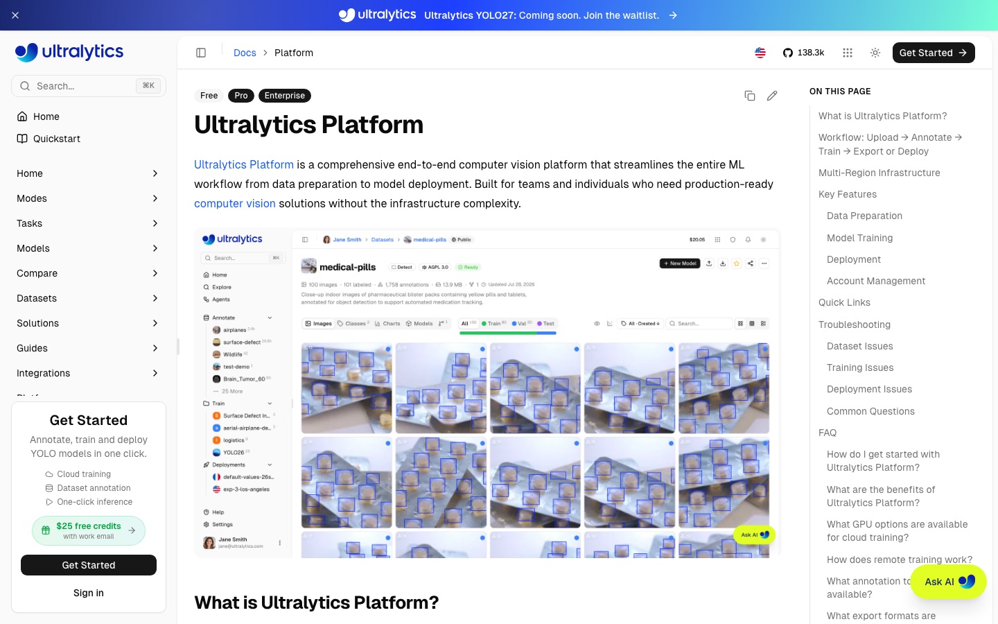 Página de documentación de la plataforma Ultralytics