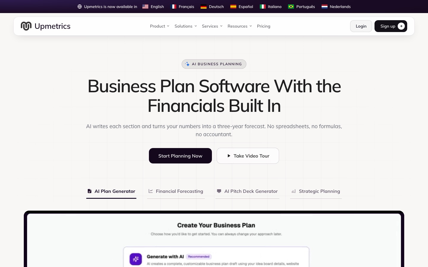 Homepage van de website van Upmetrics