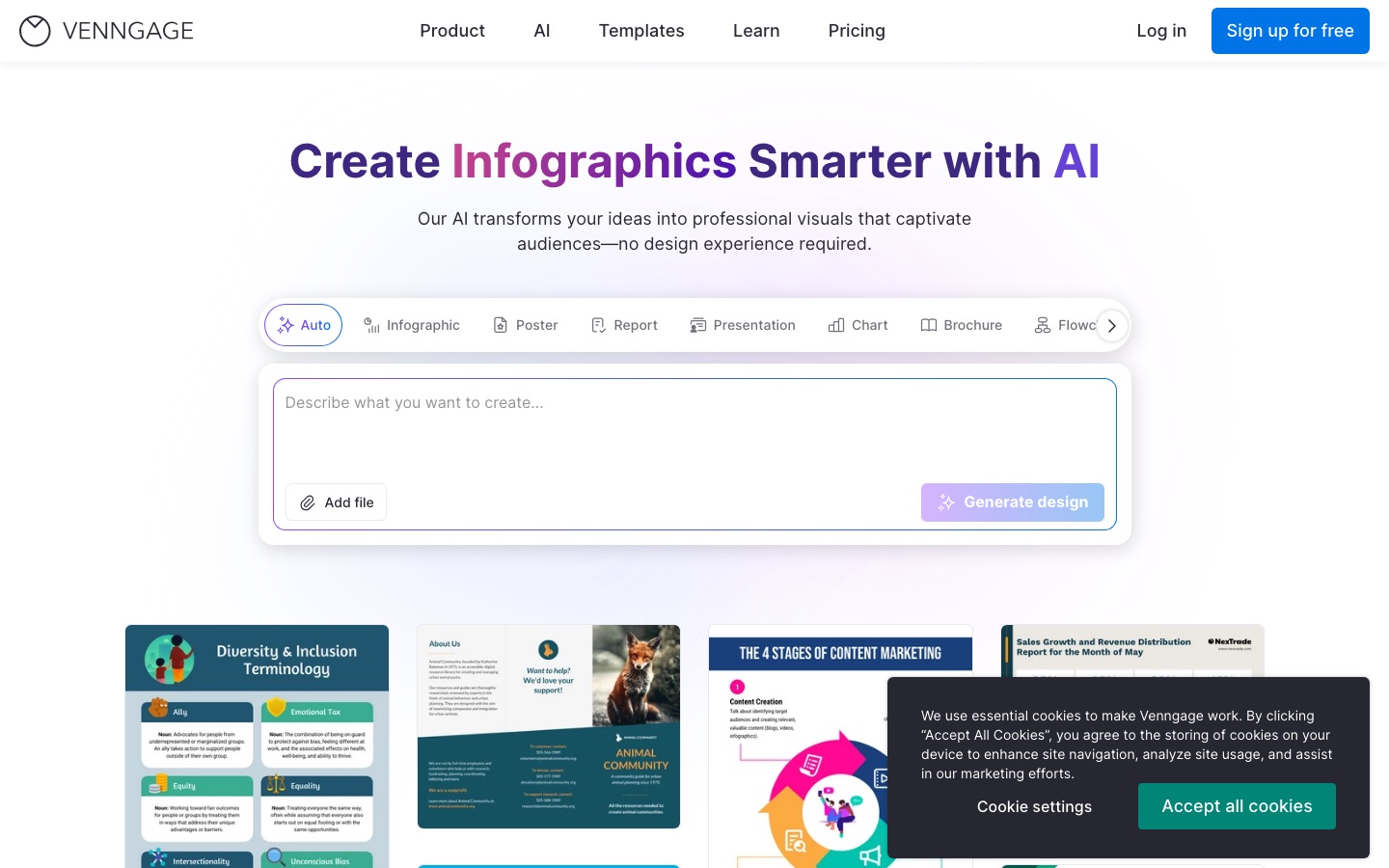 Home page del sito di Venngage