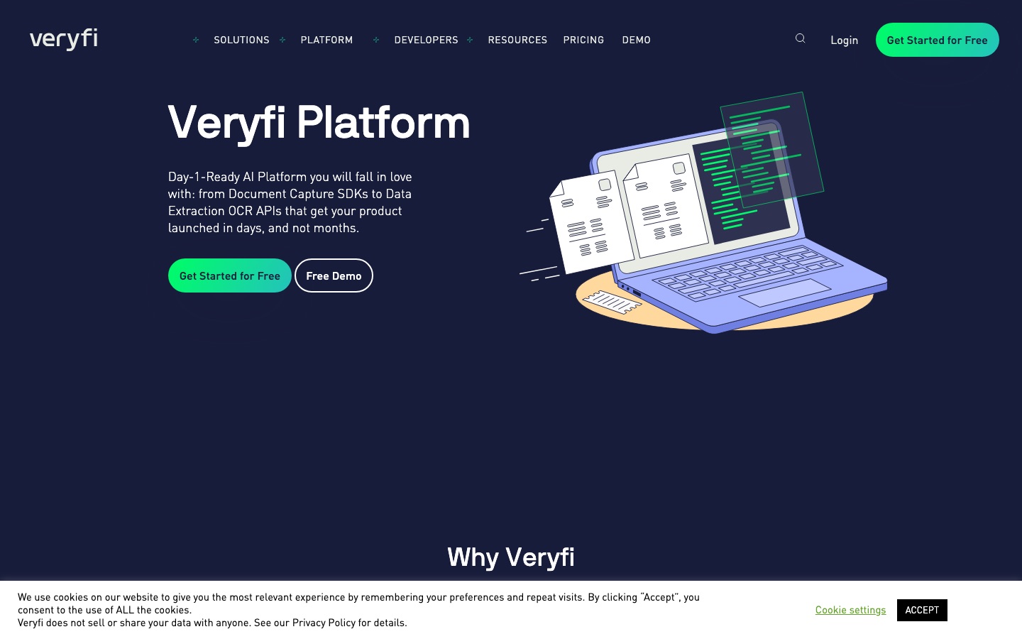 Page de la plateforme de Veryfi