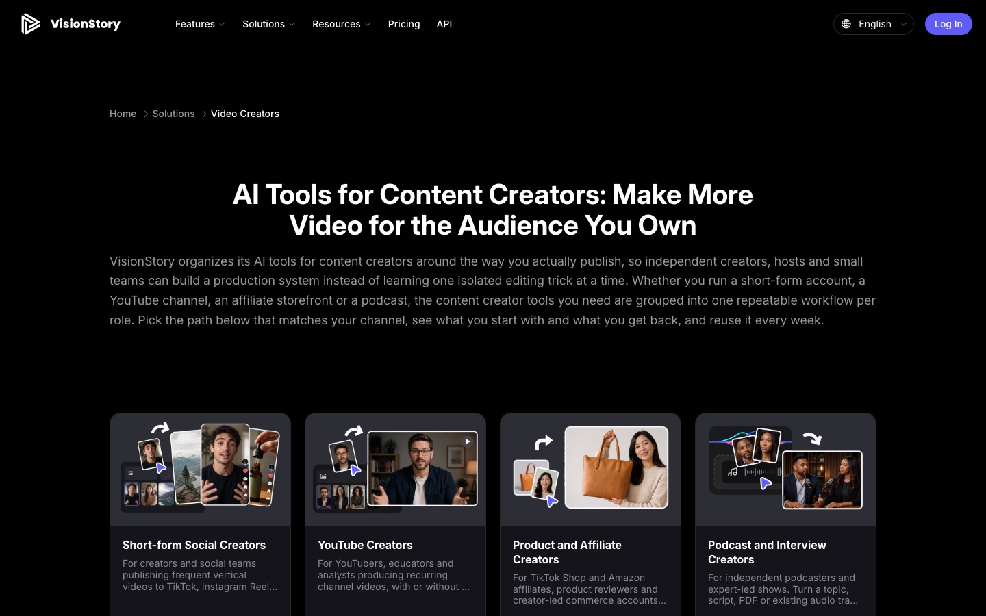VisionStory for video creators page