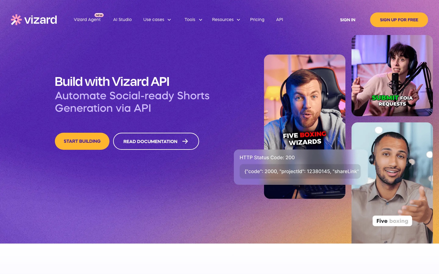Seite zur Vizard API bei Vizard