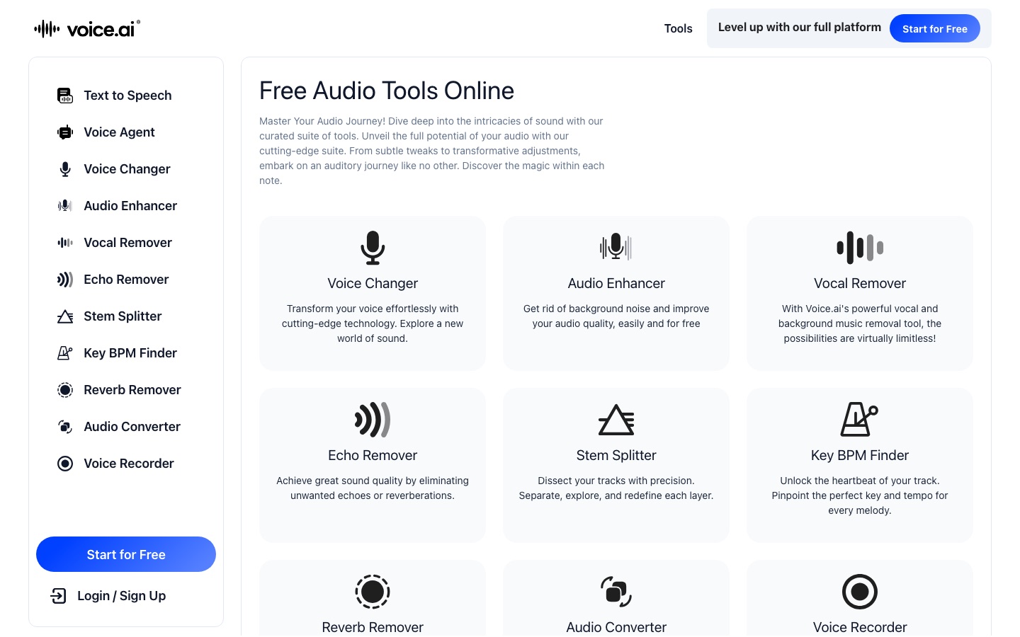 Страница онлайн-инструментов для звука Voice.ai