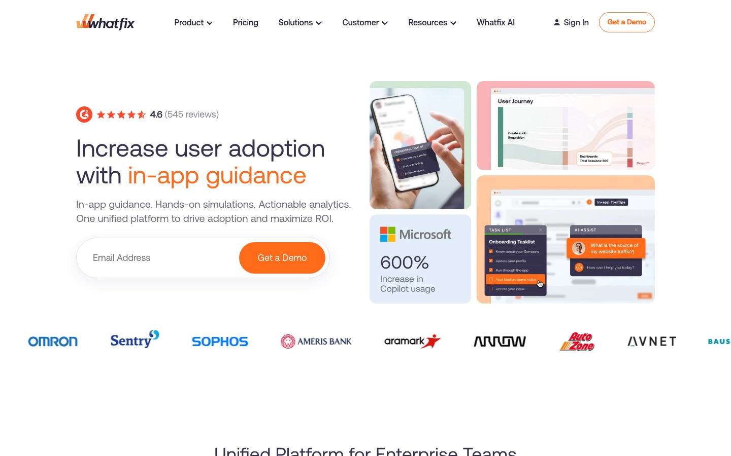 Homepage van de website van Whatfix