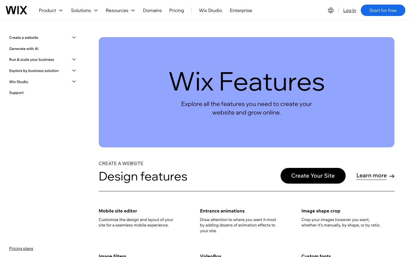 Wix.com features page