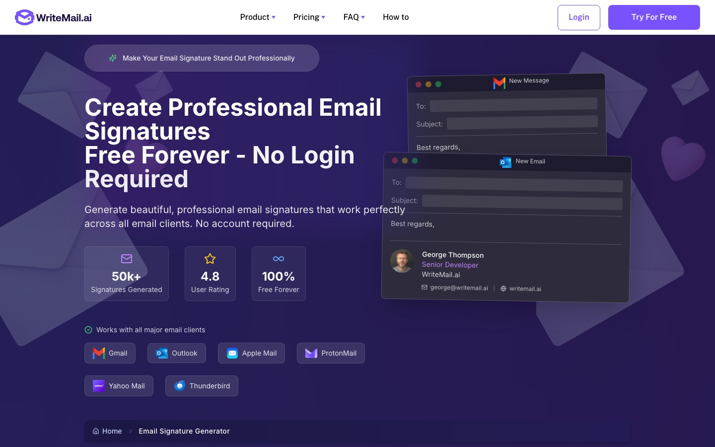 Pagina del generatore di firme e-mail di WriteMail.ai