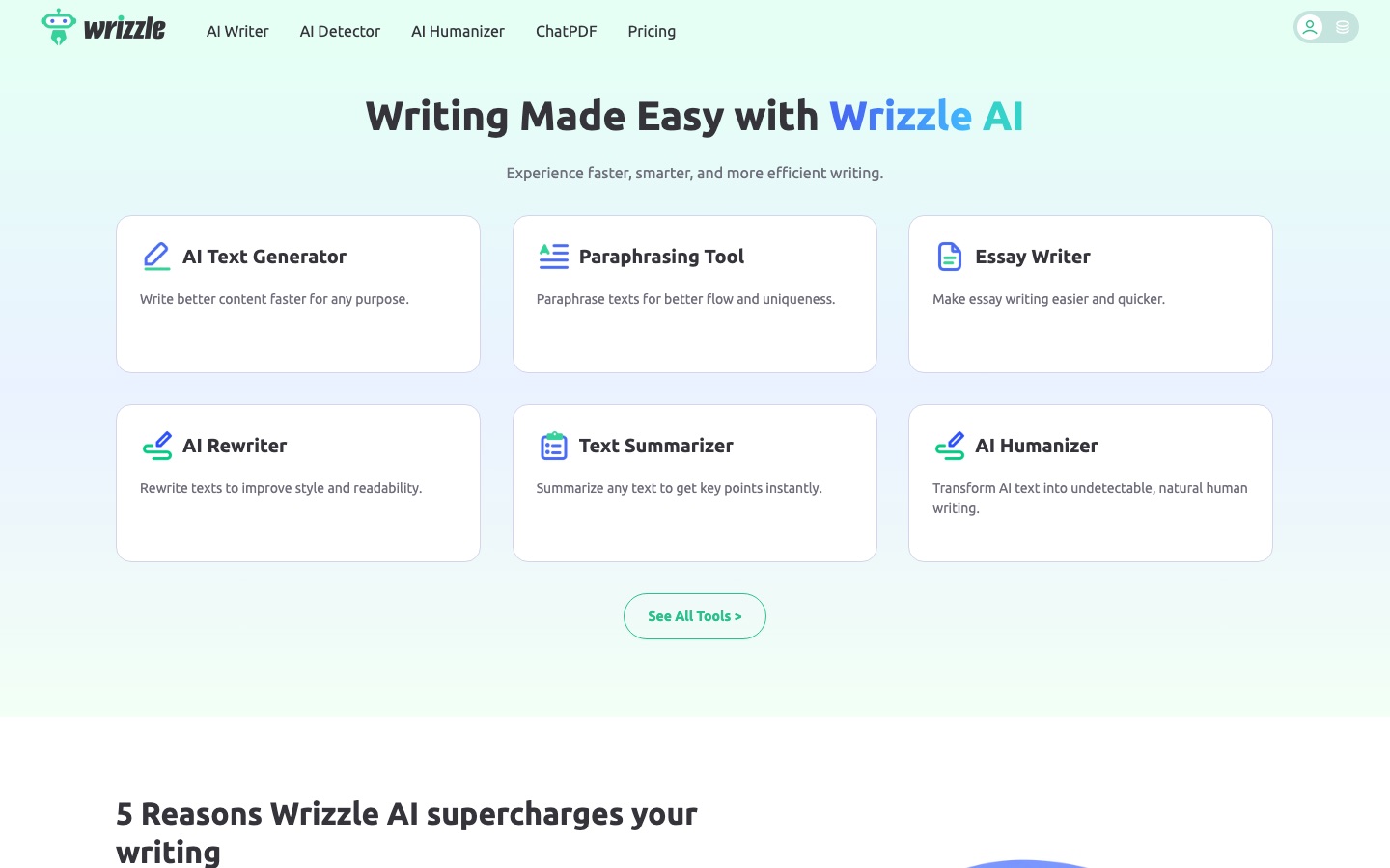 Homepage van de website van Wrizzle AI
