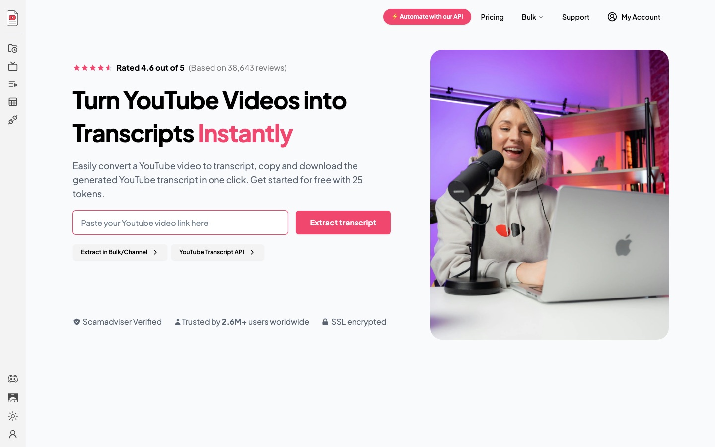 Startpagina van de website van YouTube Transcript