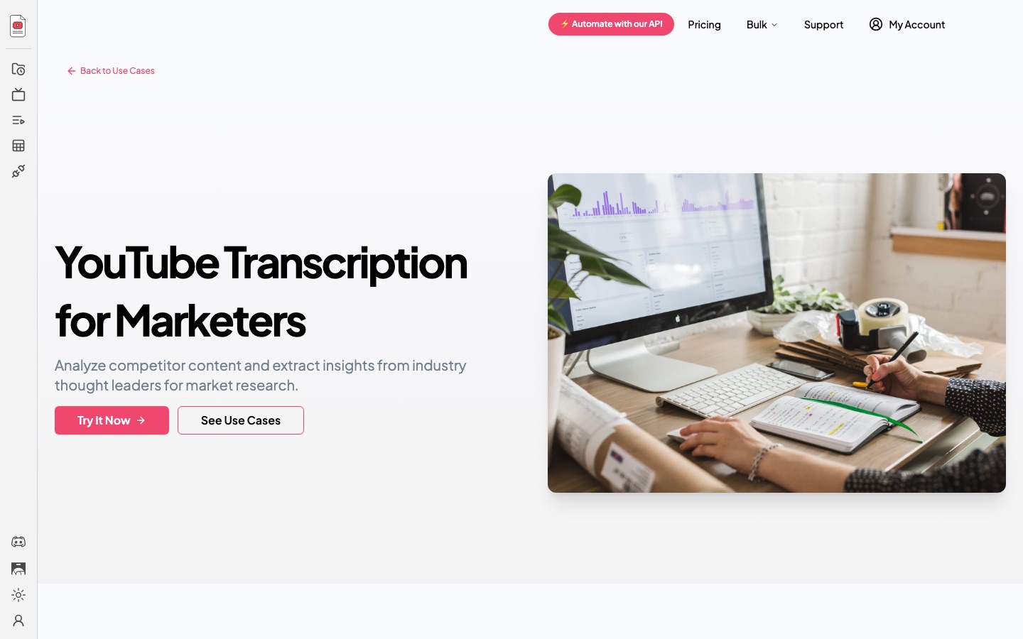 Pagina over de toepassing voor marketeers van YouTube Transcript