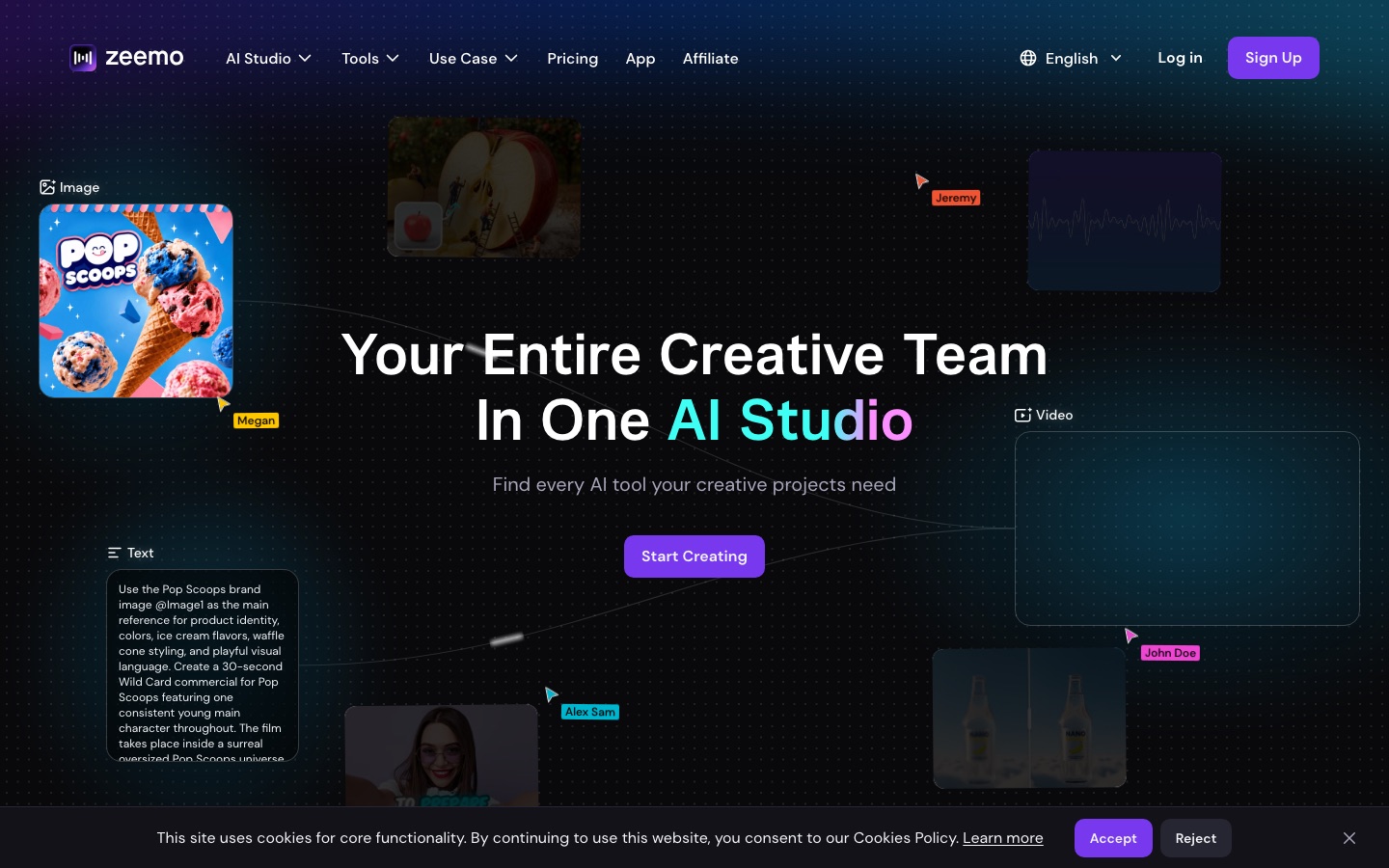 Página de inicio del sitio web de Zeemo AI