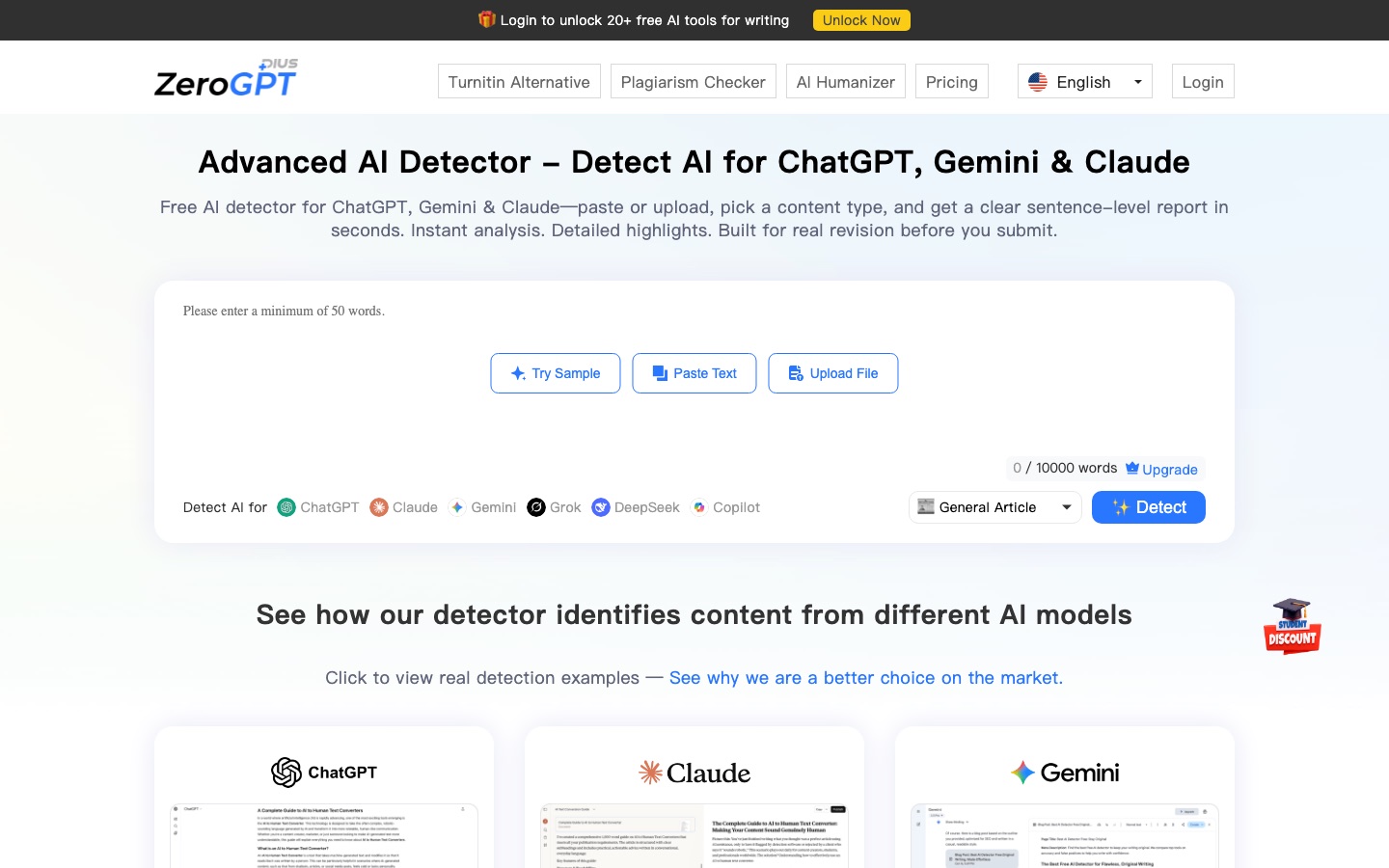 ZeroGPT Plus web sitesinin ana sayfası